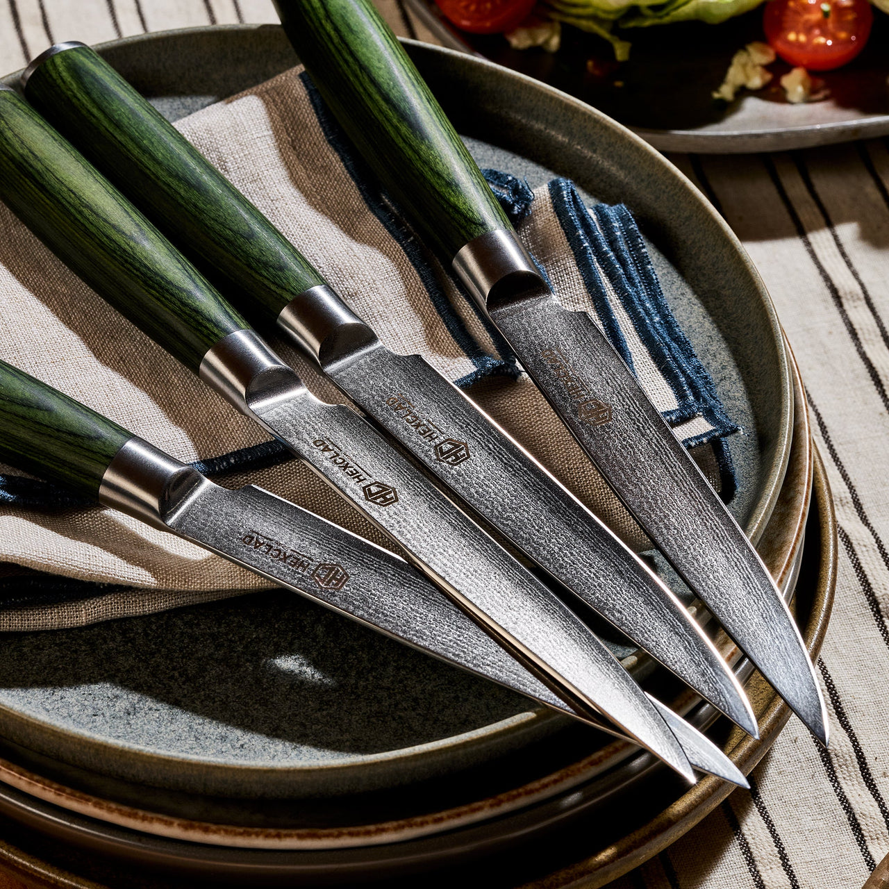 4 pc Japanese Damascus Steel Steak Knife Set, Green