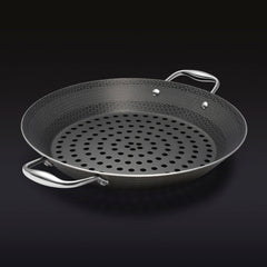 The HexClad 12&quot Hybrid BBQ Grill Pan on a black background